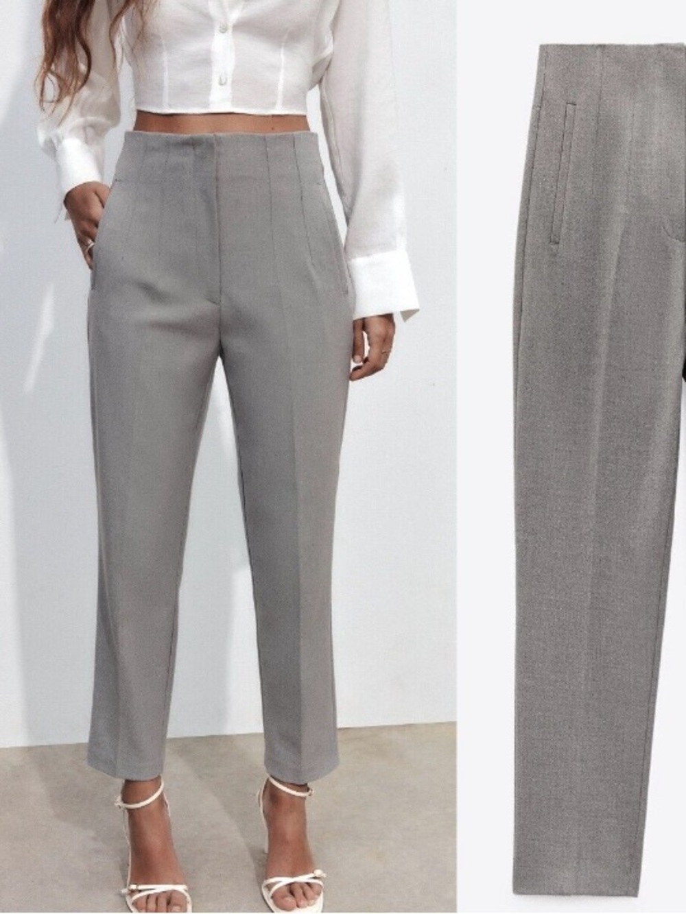 Zara Gray High Waist Tailored Trousers Pants Size L